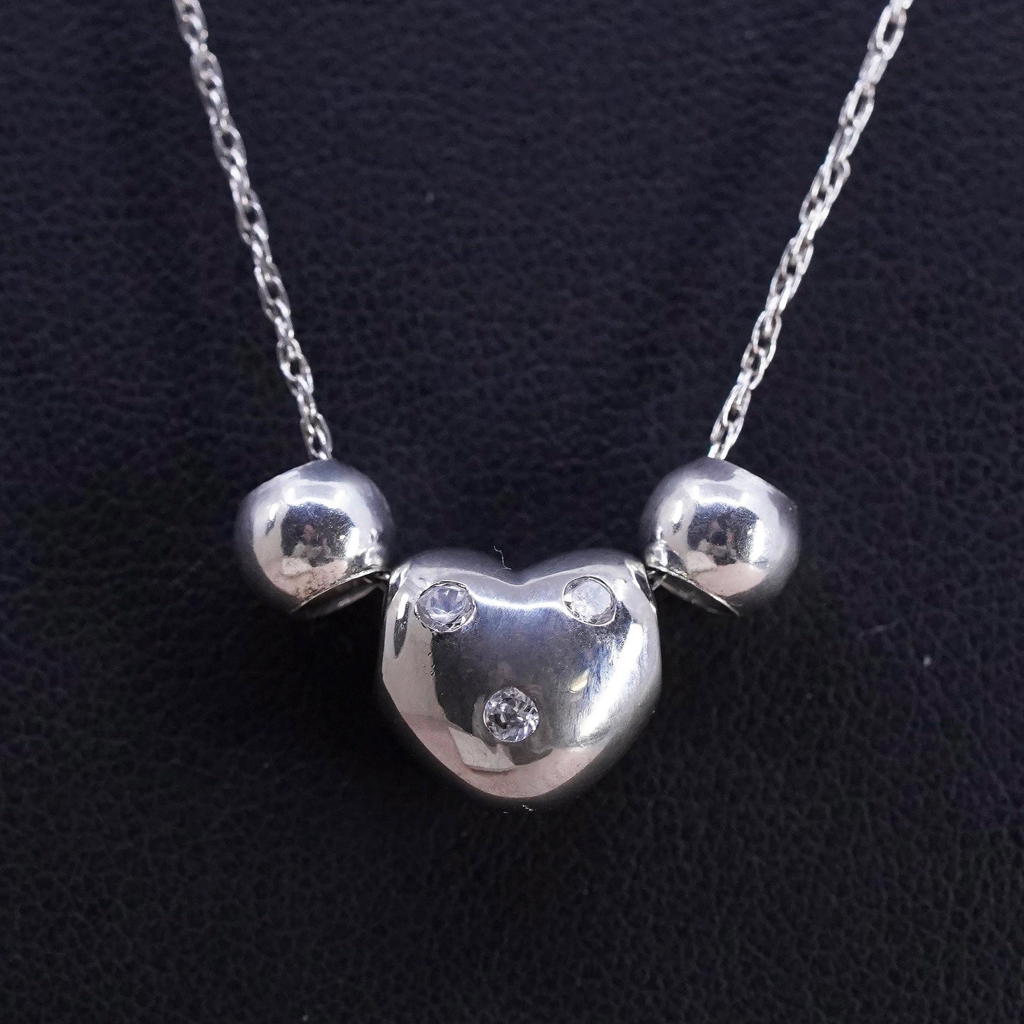 18" 1mm, vintage Sterling silver necklace, 925 Singapore chain heart cz pendant