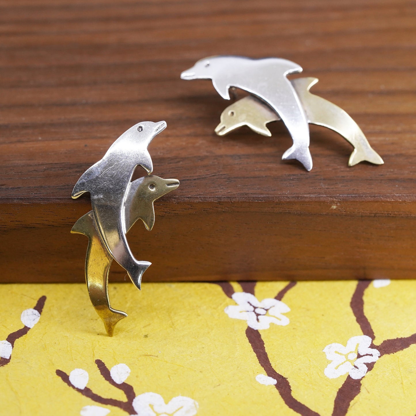 Mexican two tone Sterling silver handmade earrings, 925 brass dolphins studs