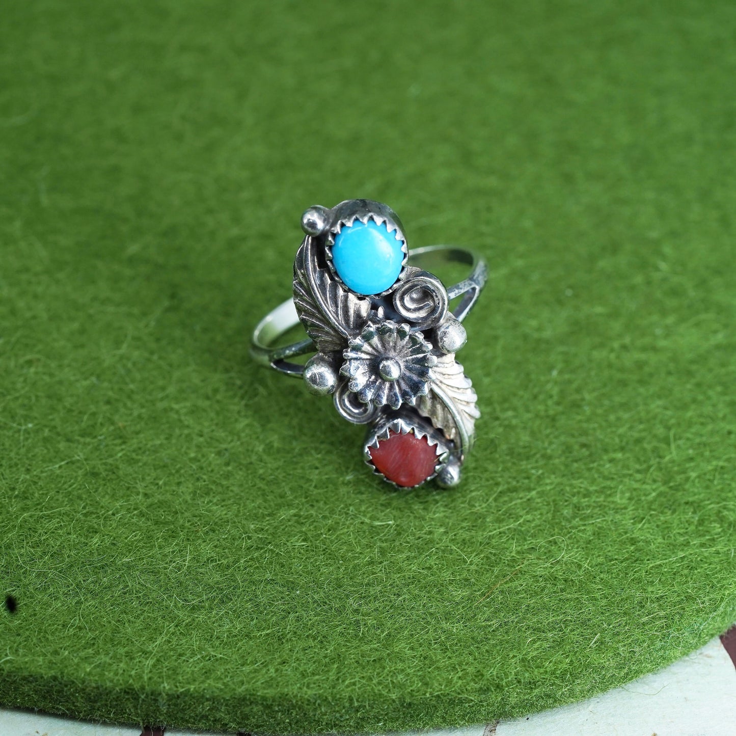 sz 7, John Delvin sterling silver ring Native American 925 ring turquoise coral