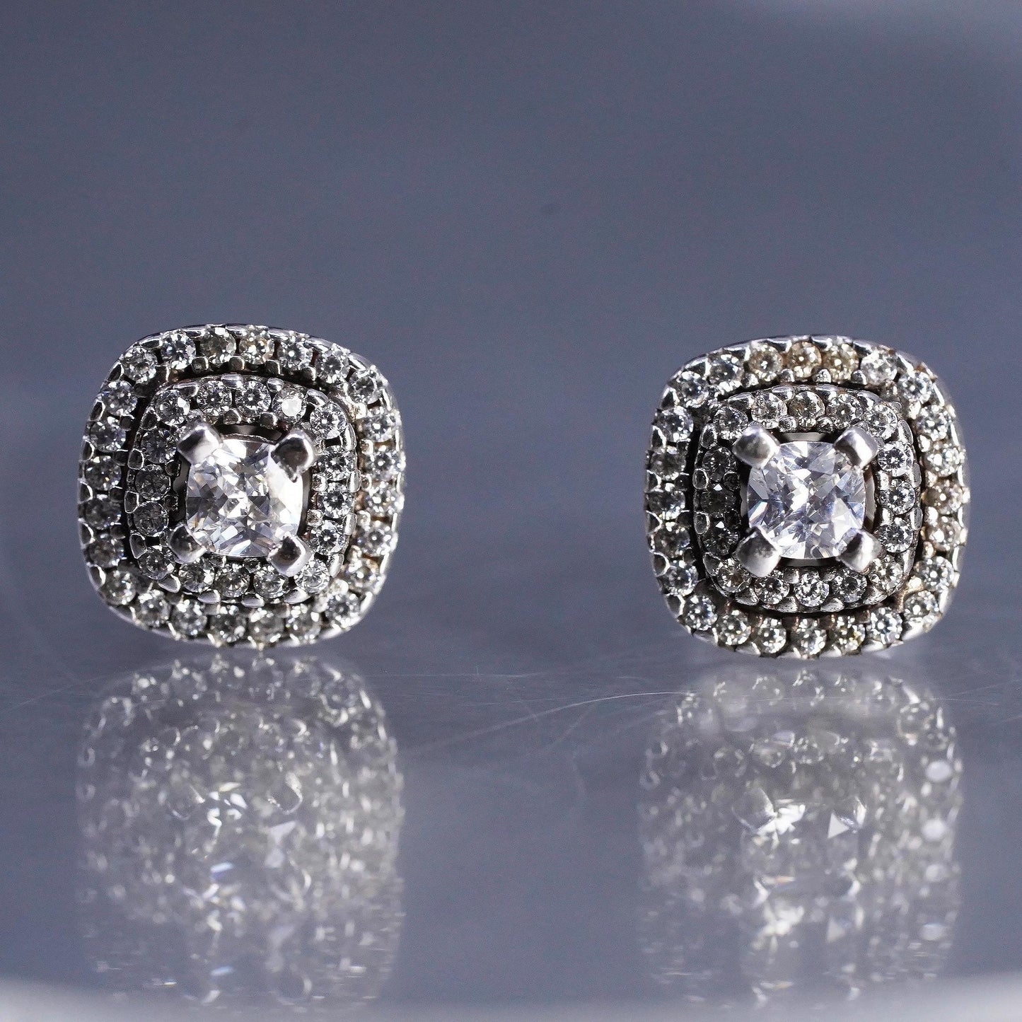 Vintage Sterling 925 silver handmade earrings, square studs with cluster Cz