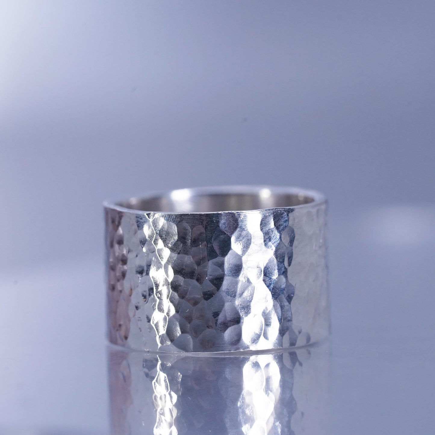 Size 8, 925 Sterling Silver Hammered Wide Band Cuff Ring Hard To Find Classic