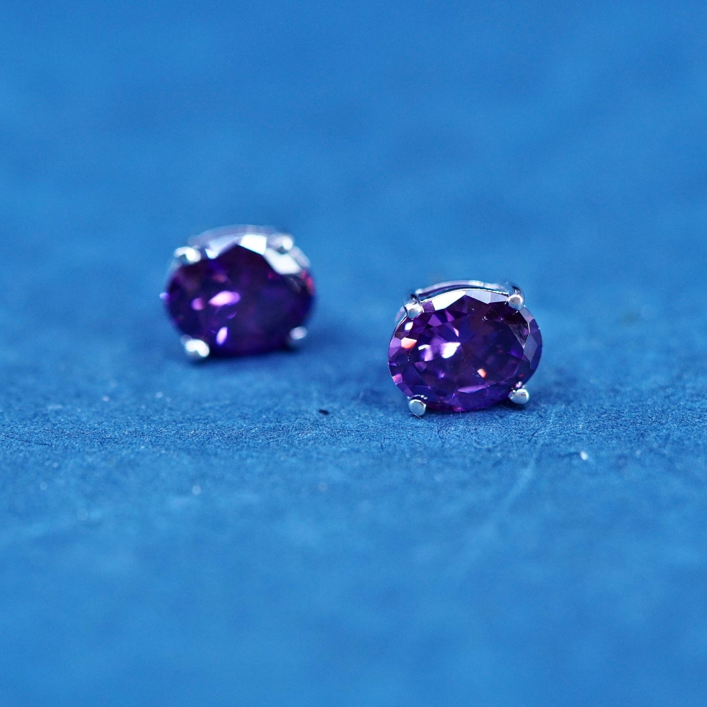 Vintage sterling silver handmade earrings, 925 oval studs with amethyst