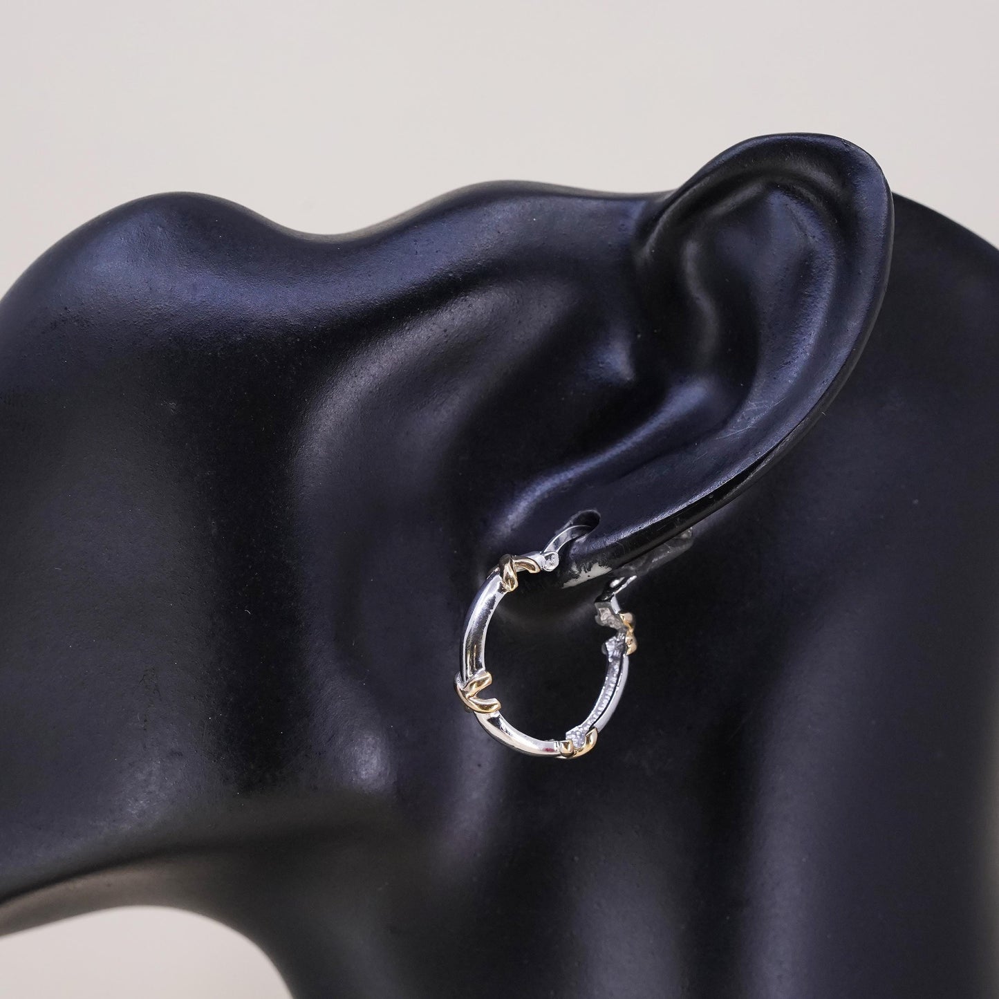 0.75", Vintage two tone sterling silver loop single earring, hoop with cross