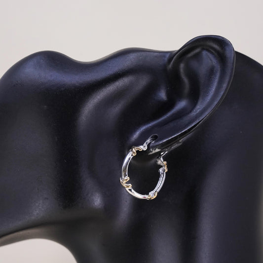 0.75", Vintage two tone sterling silver loop single earring, hoop with cross