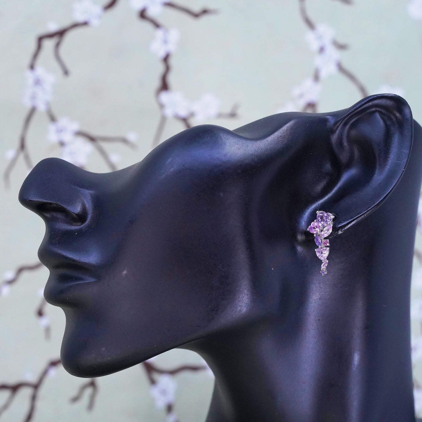 Vintage Sterling silver handmade earrings, 925 flower studs w/ cluster amethyst