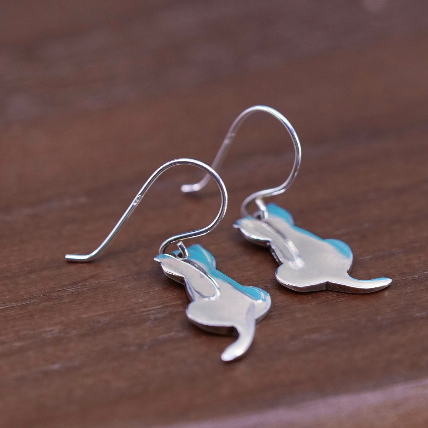 Vintage sterling silver handmade earrings, 925 kitty cat dangles