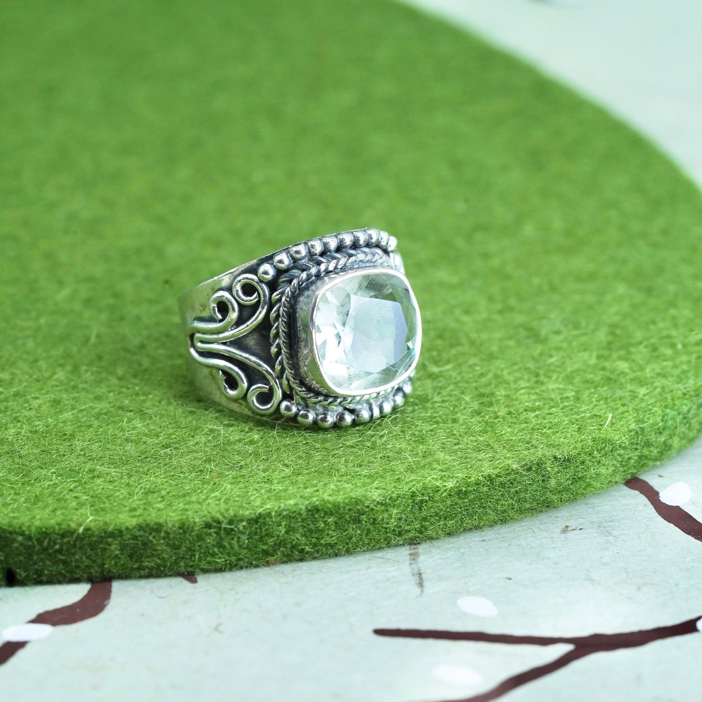 Size 7.25, Vintage sterling 925 silver handmade ring with aquamarine and beads