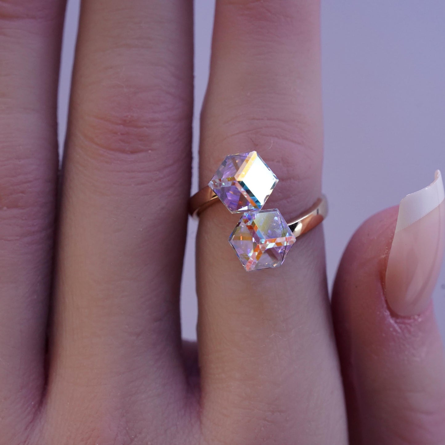 Size adjustable, gold plated sterling 925 silver wrap ring ab crystal cube ends