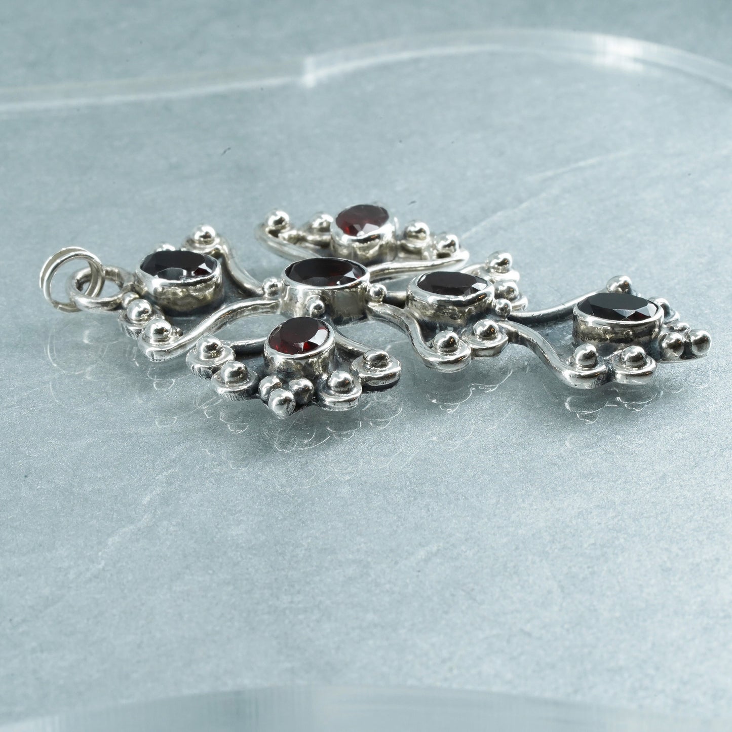 Vintage sterling 925 silver cross pendant with ruby and beads