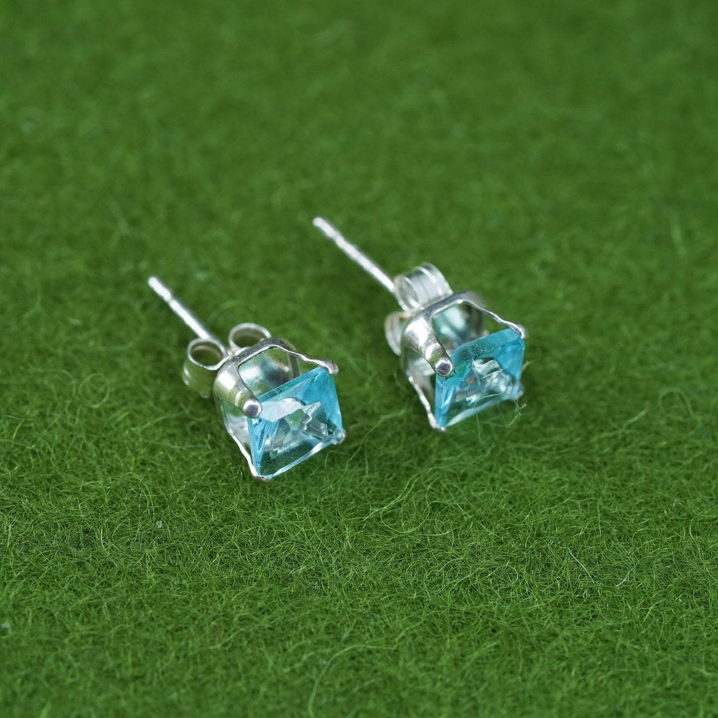 sterling silver earrings with square blue topaz details, 925 silver studs
