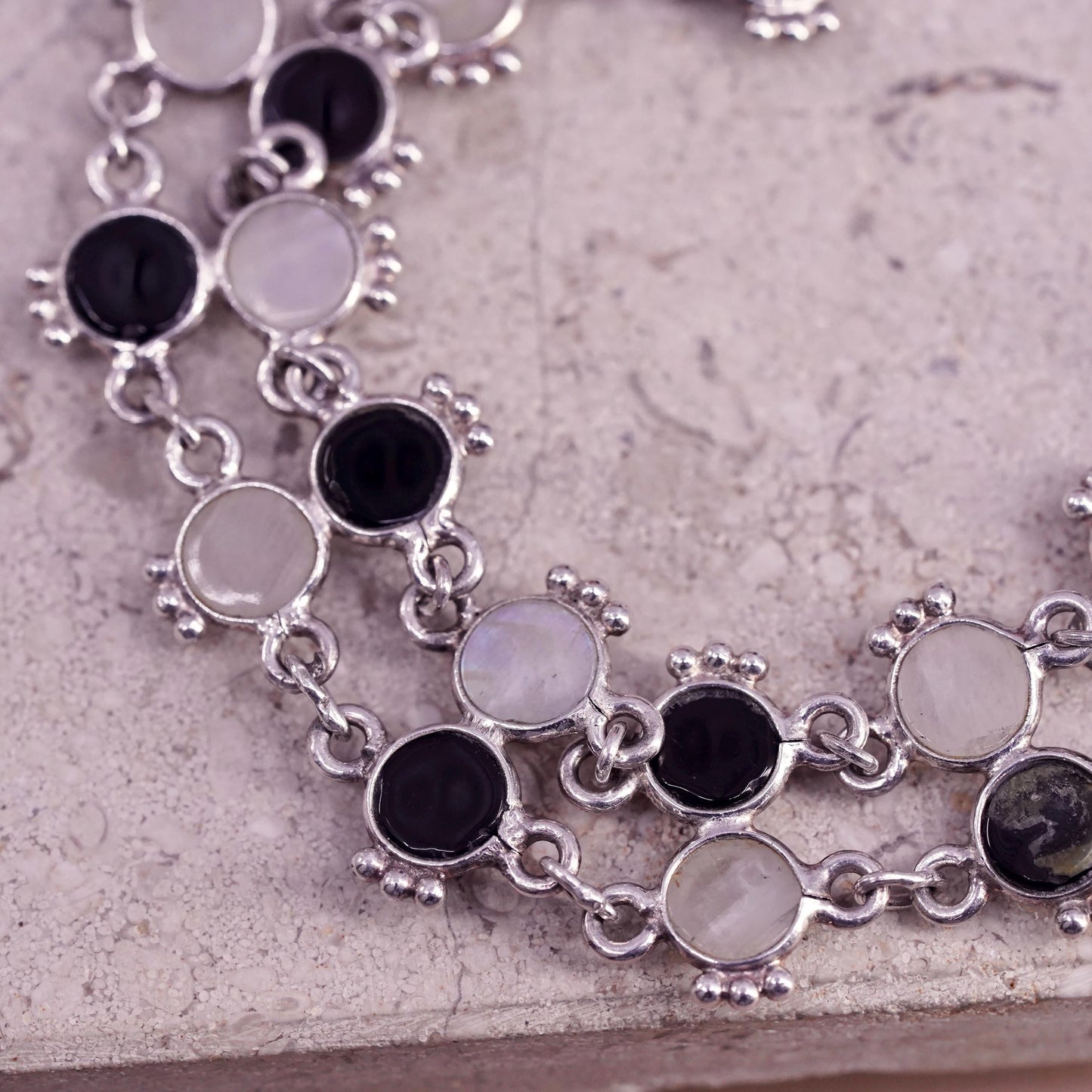 7", vintage sterling 925 silver handmade bracelet with moonstone and onyx