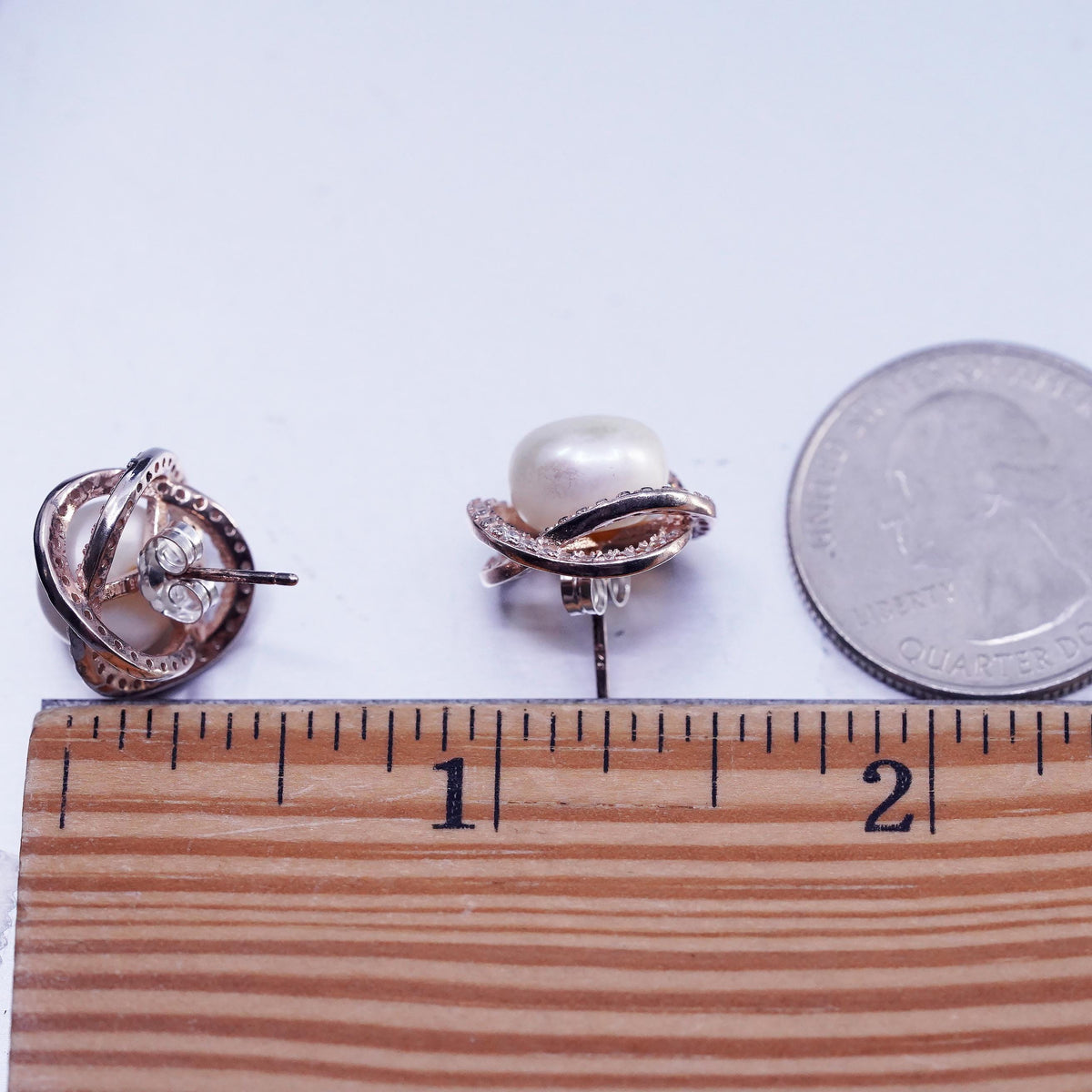 Vermeil Gold Sterling Silver 925 Earrings, Rose Gold Tone CZ Halo, Pearl Studs