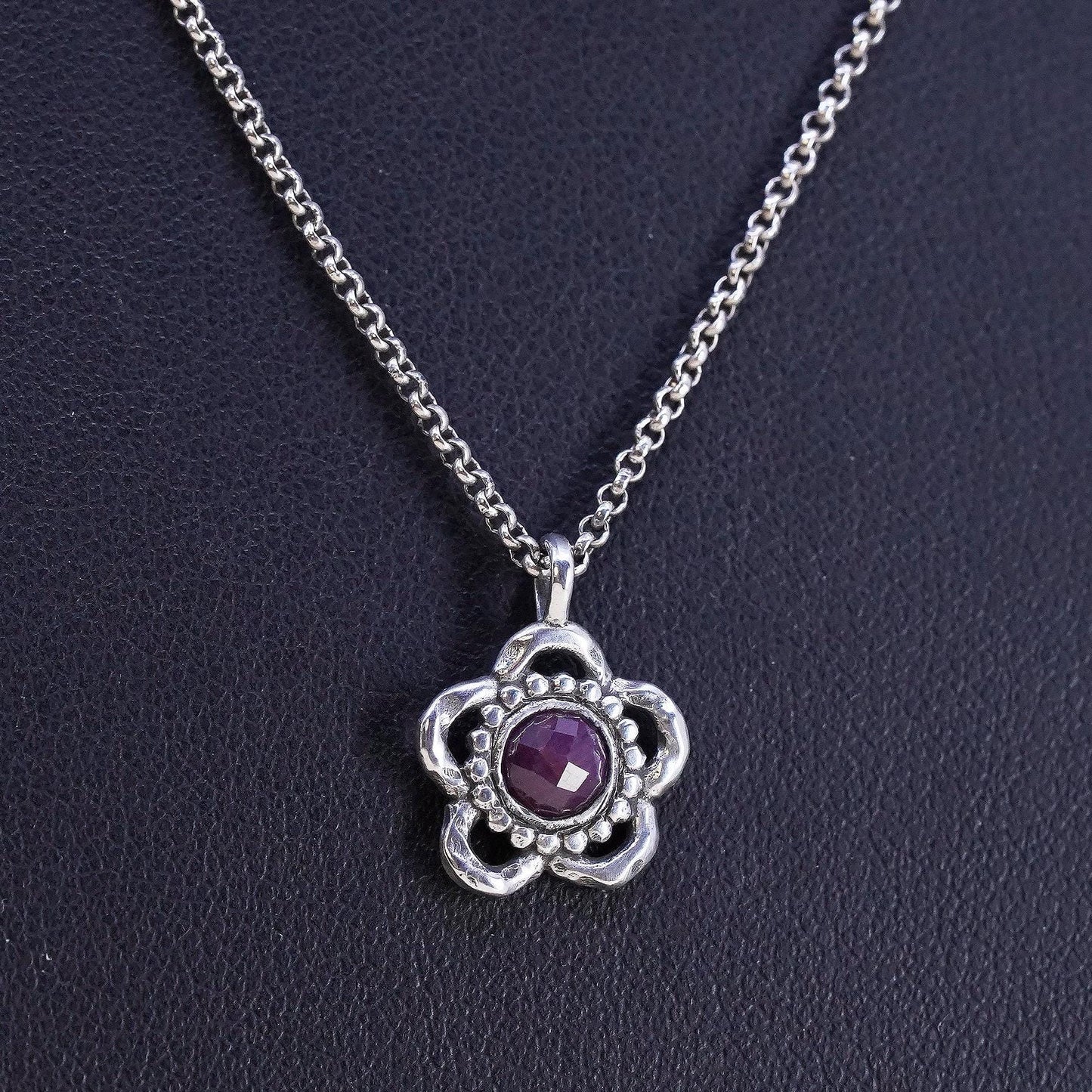 17", sterling silver necklace, 925 round box chain natural ruby flower pendant