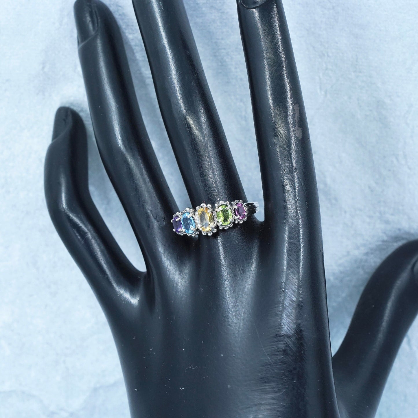 Size 9, vintage Sterling 925 silver ring w/ amethyst peridot citrine ruby topaz