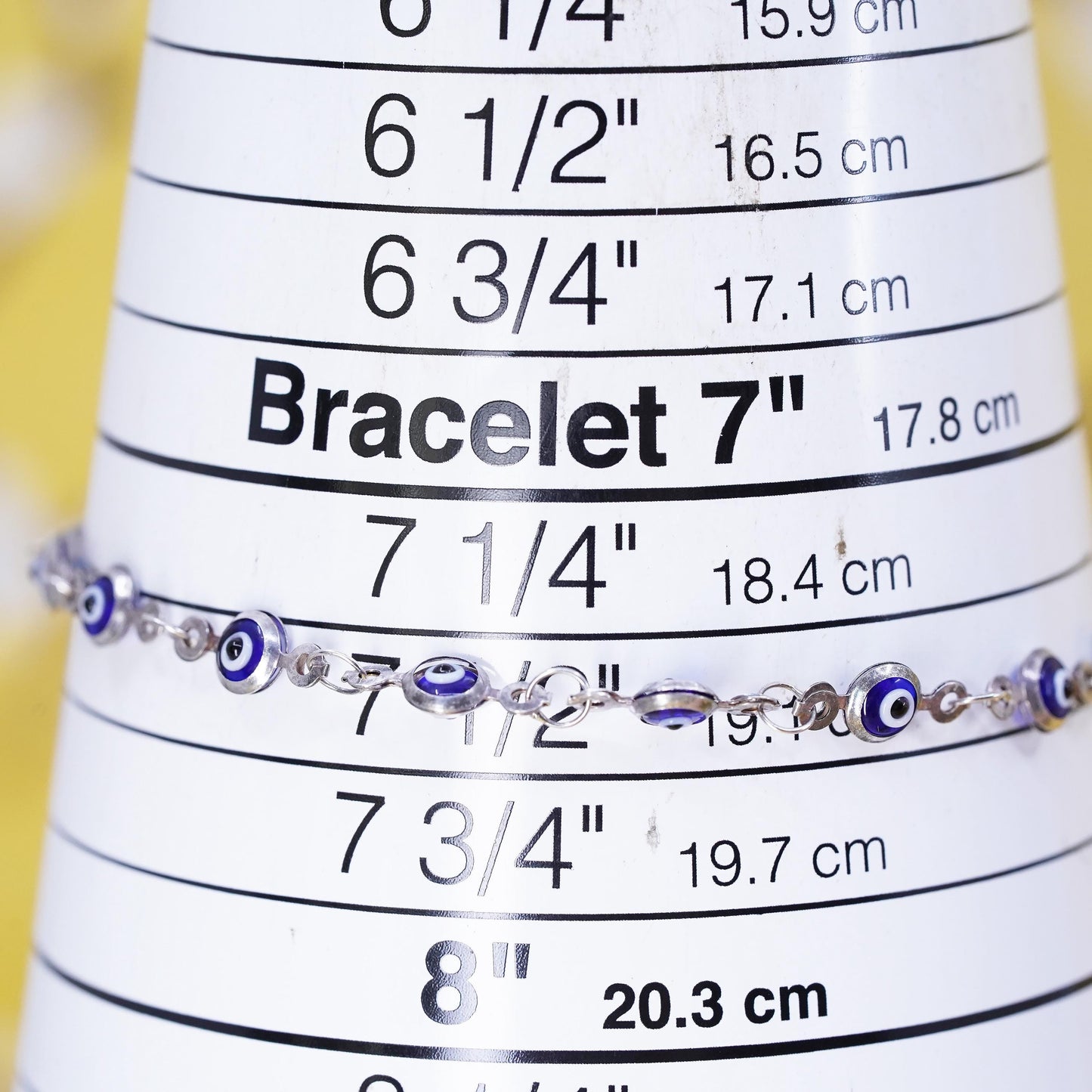 7.5", vintage sterling silver handmade bracelet, blue 925 evil eye beads