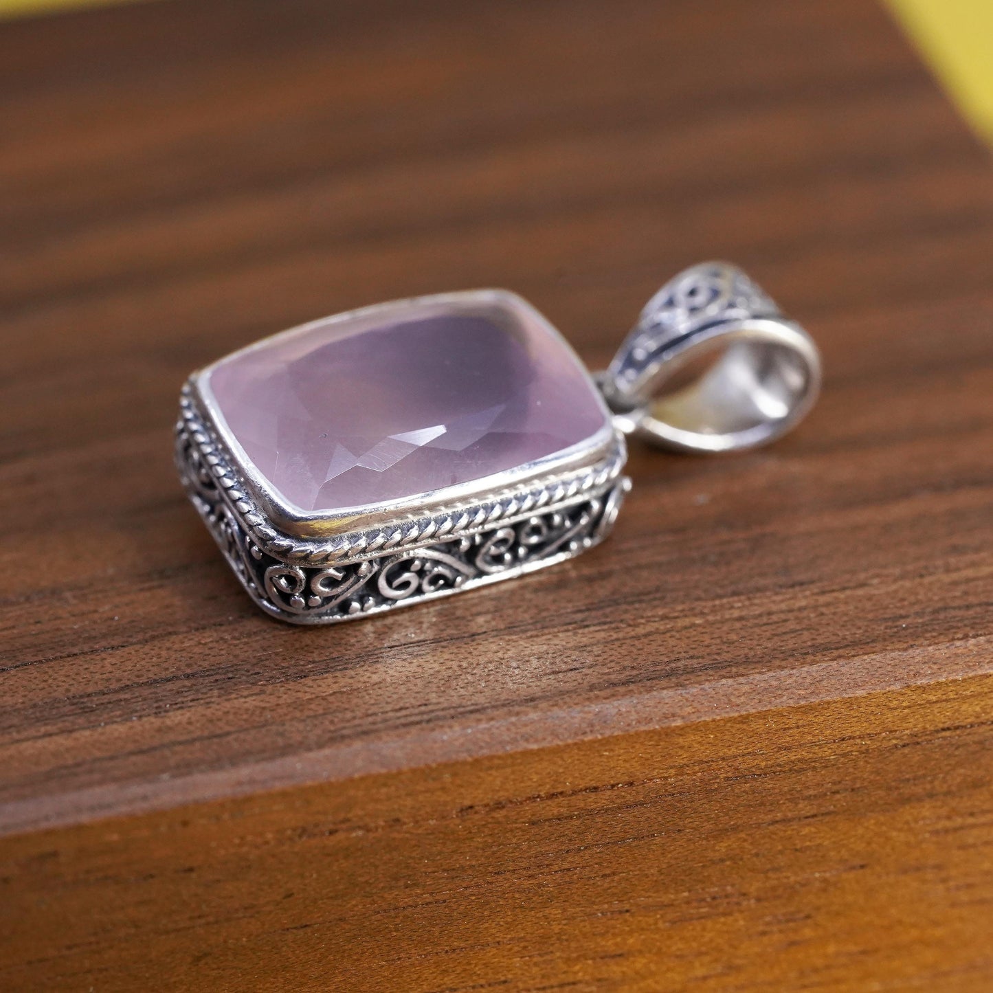 Vintage Sterling silver handmade pendant, textured 925 emerald cut pink quartz
