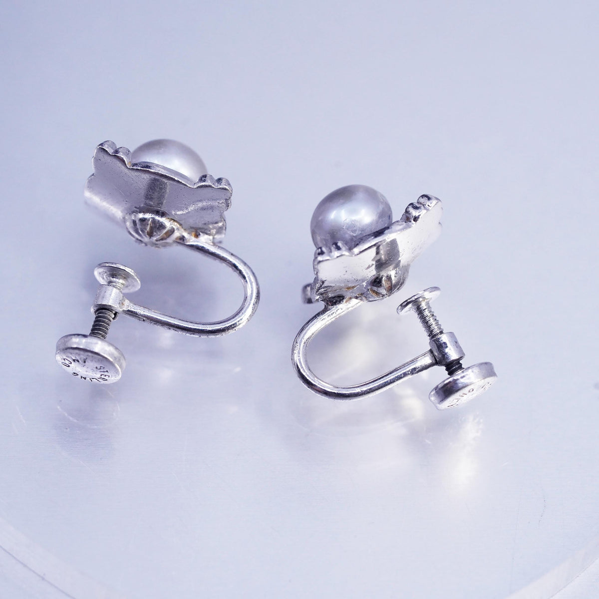 Vintage AMCO Sterling 925 Silver Handmade Screw Back Earrings With gray pearl