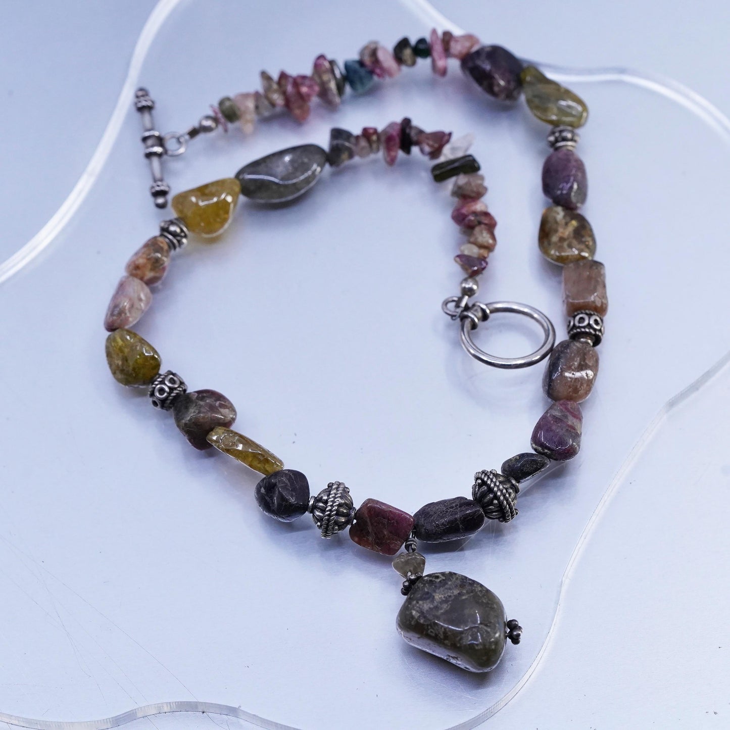 14” Vintage Sterling 925 Silver Handmade Jasper beads necklace nugget pendant