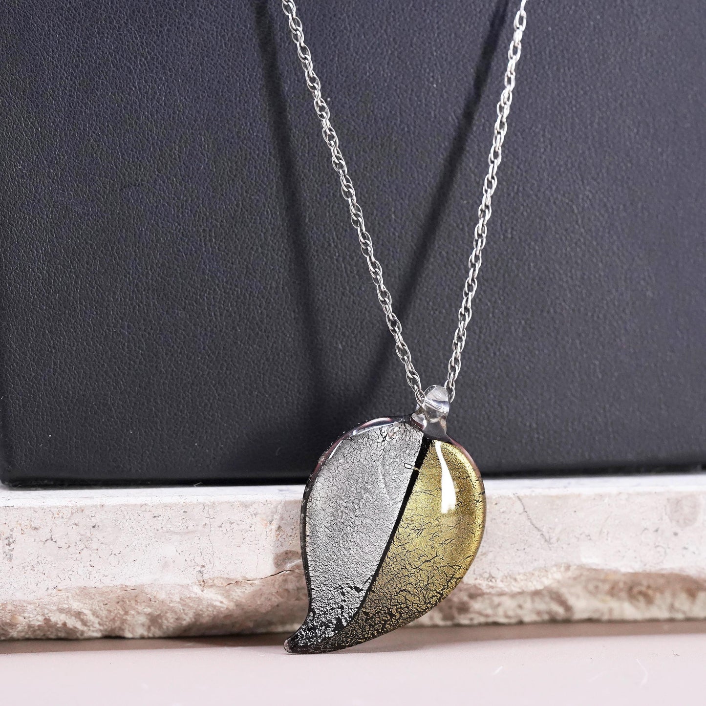 26”, Sterling silver necklace, 925 rope chain foiled glass leaf pendant