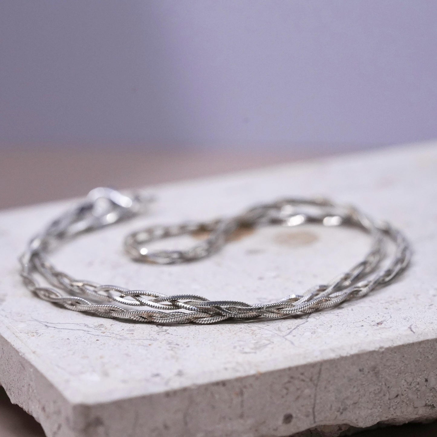18” 3mm, vintage Sterling silver necklace, woven braided 925 snake chain choker