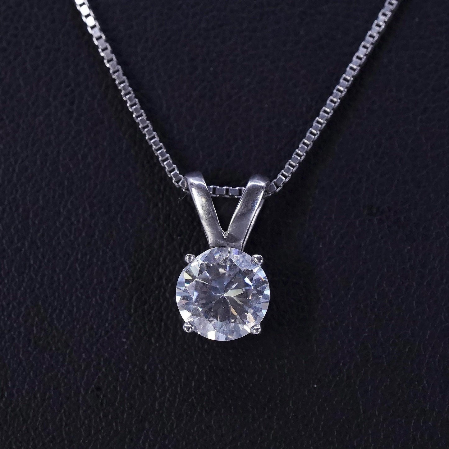 17+2” 1mm, vintage Sterling 925 silver box chain necklace with cz pendant
