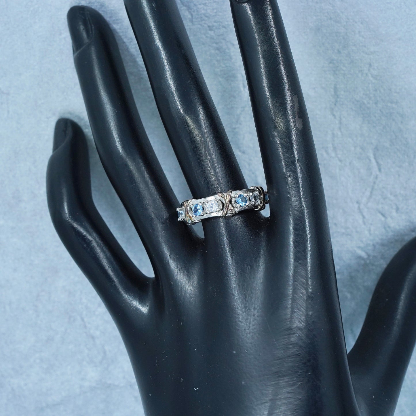 Size 8, vintage two tone Sterling 925 silver ring, blue topaz and Cz band