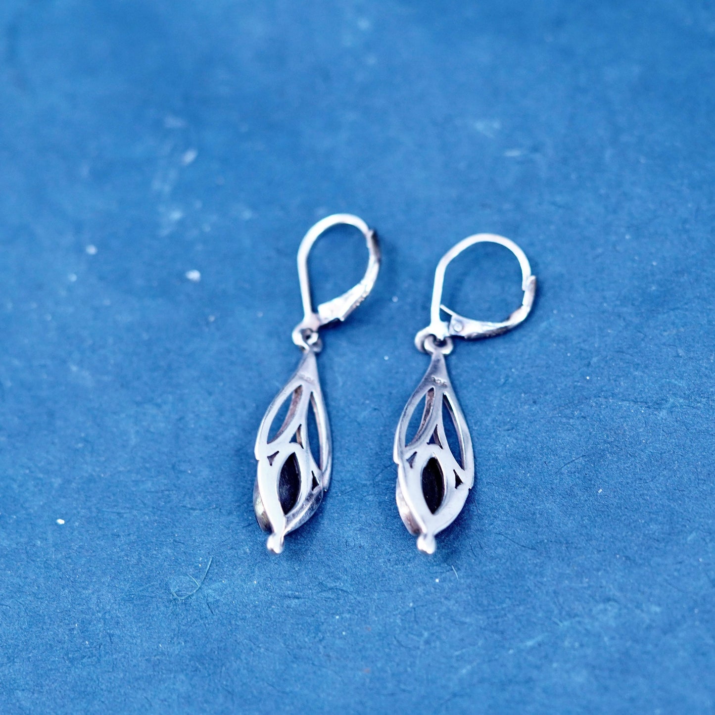 Vintage sterling 925 silver handmade earrings with marquise shaped obsidian