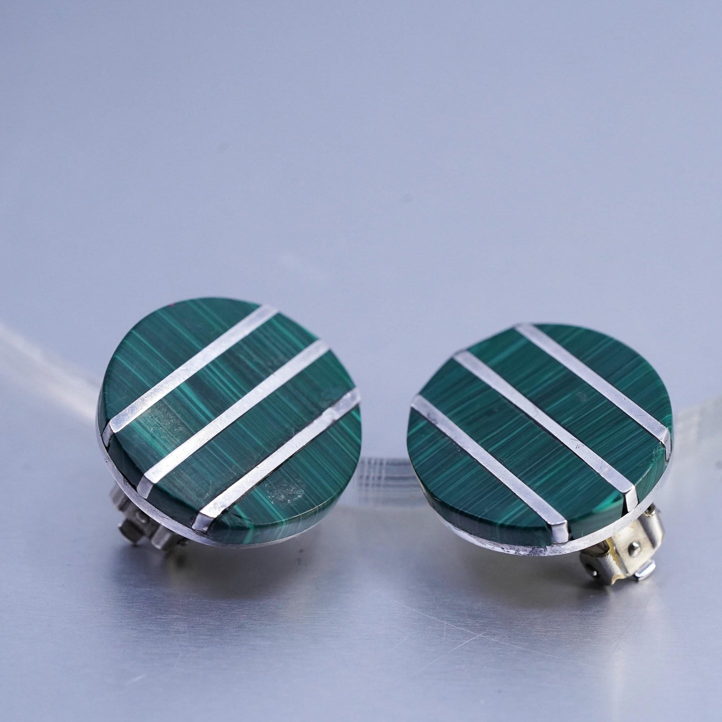 Vintage Mexican 925 silver handmade earrings, circle clip on malachite inlay