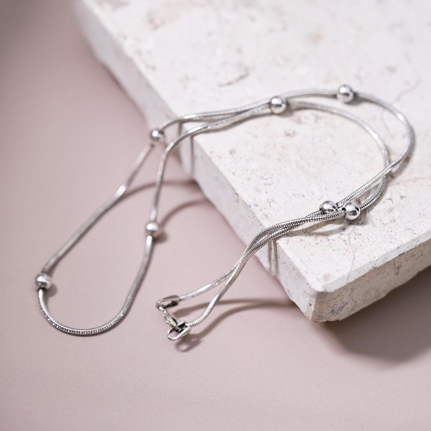 16” 1mm, vintage Sterling silver handmade necklace, 925 snake chain with beads