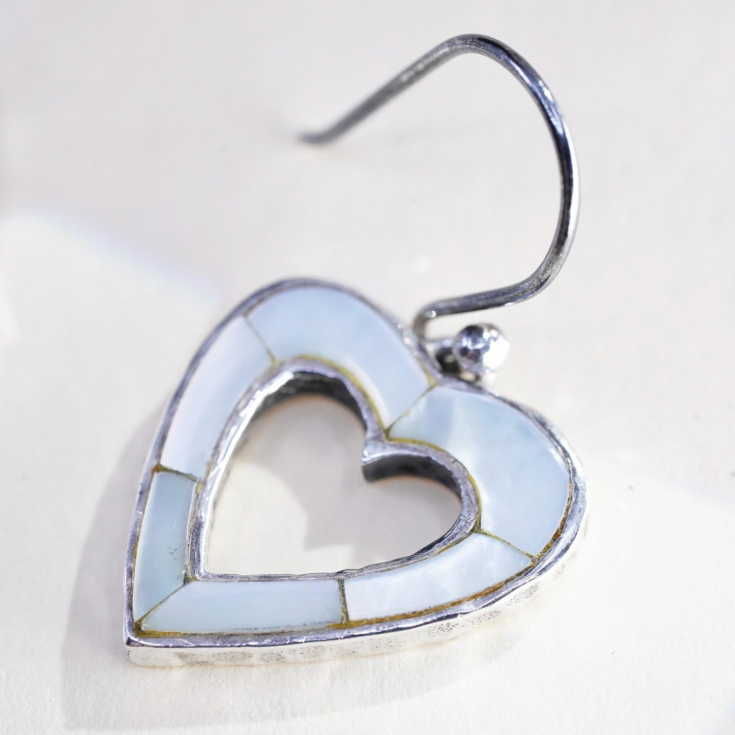 Vintage Peyote Bird sterling 925 silver earrings mother of pearl inlay heart