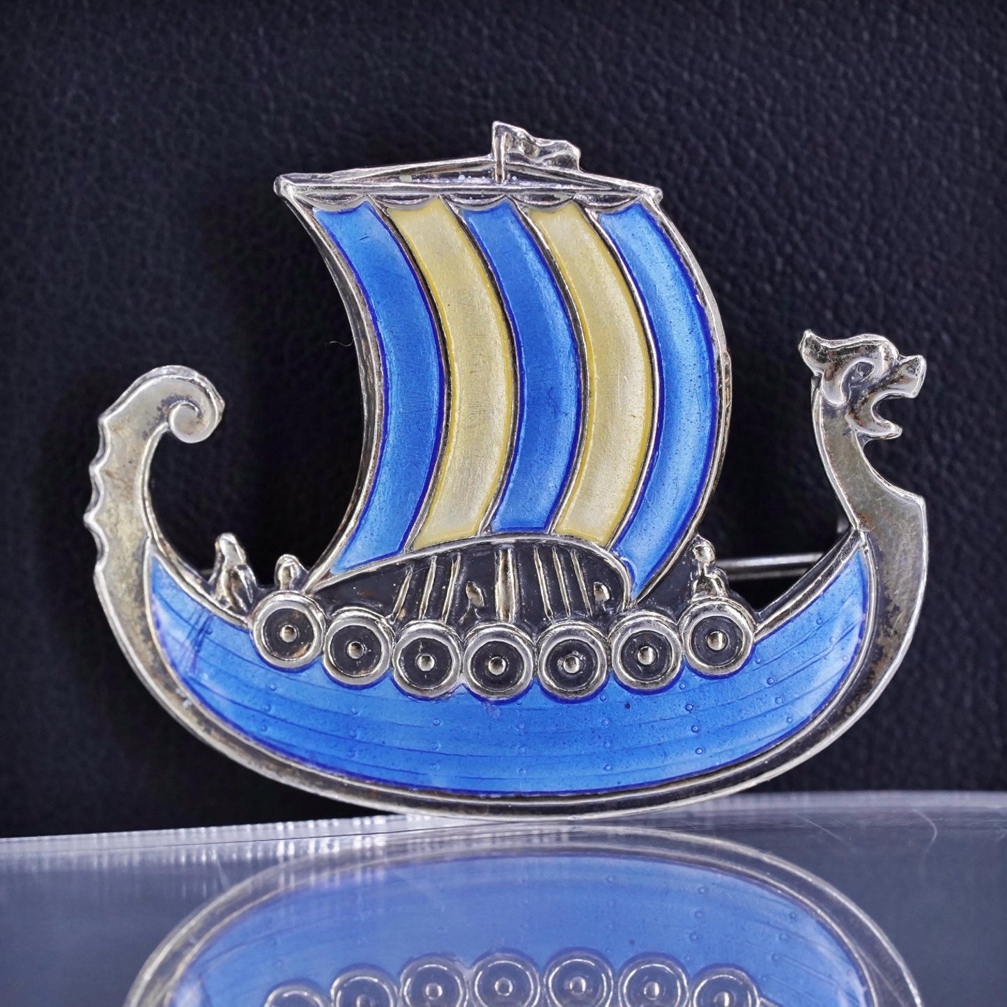 vintage Norway Sterling silver handmade brooch, 925 sailing boat pin w/ enamel