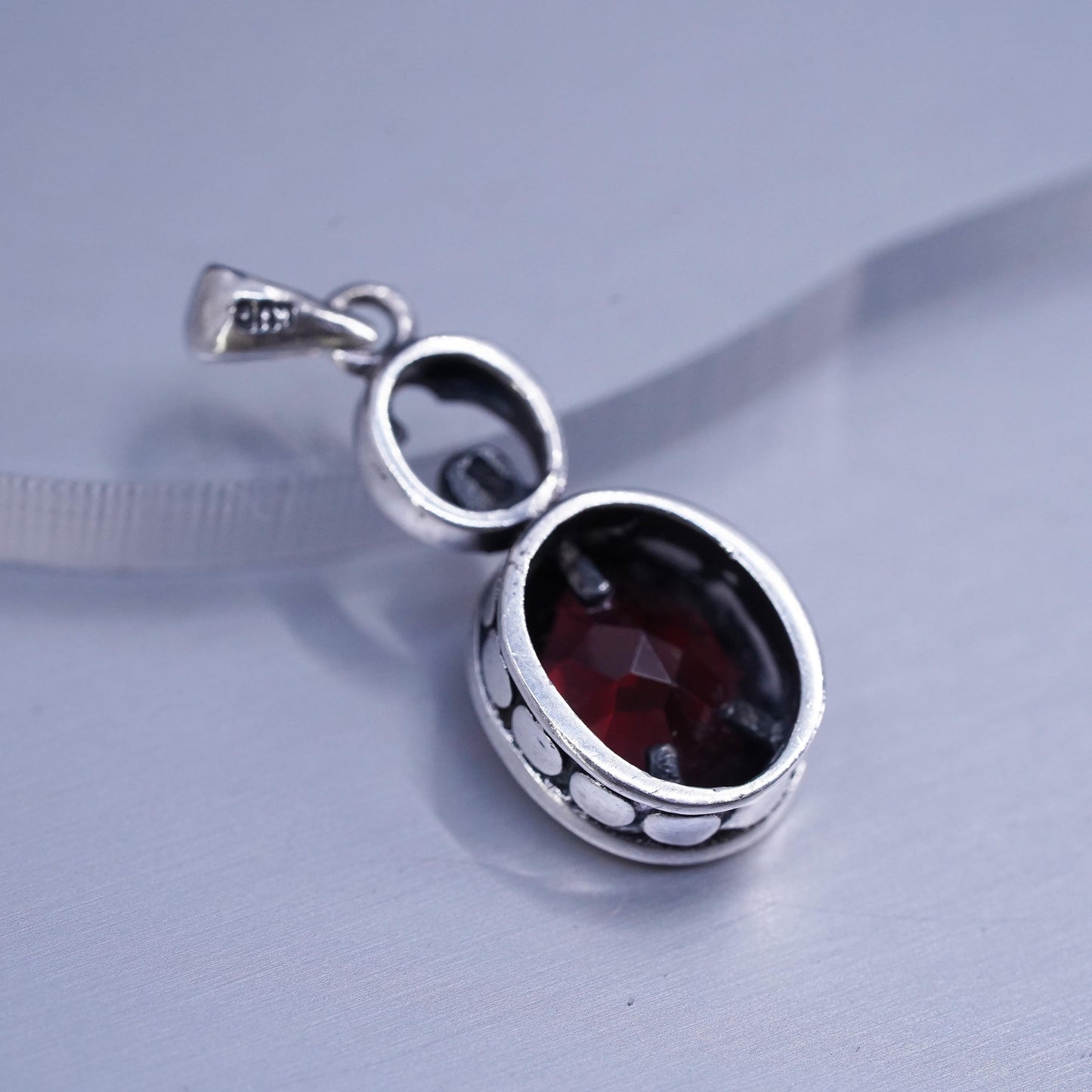 antique LUC sterling 925 silver pendant with oval ruby, stamped 925 LUC