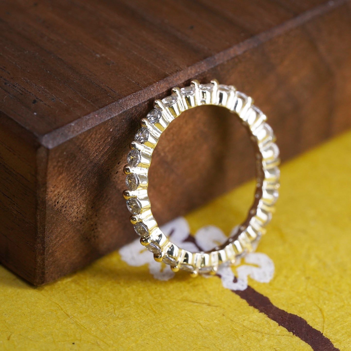 Size 7, vintage vermeil gold over Sterling silver ring, 925 stackable band cz