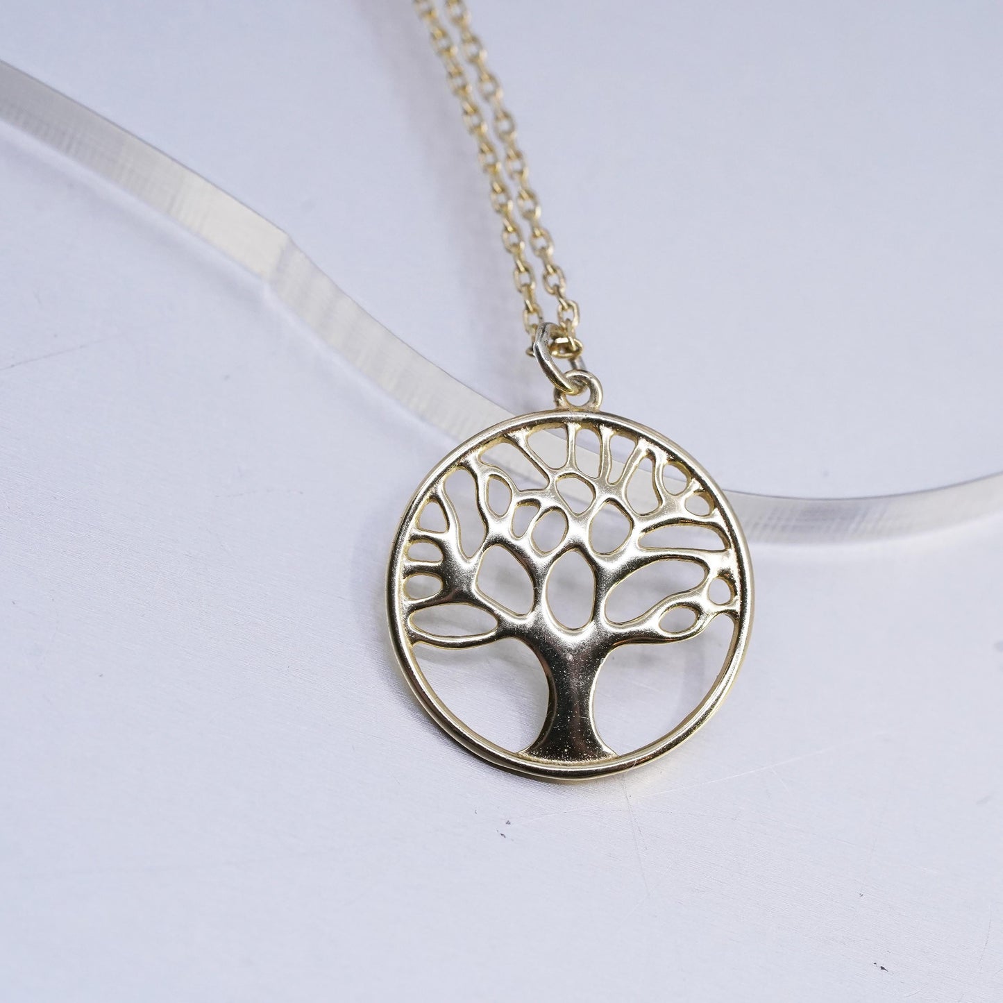18”, VTG gold plated Sterling 925 silver circle necklace family tree pendant