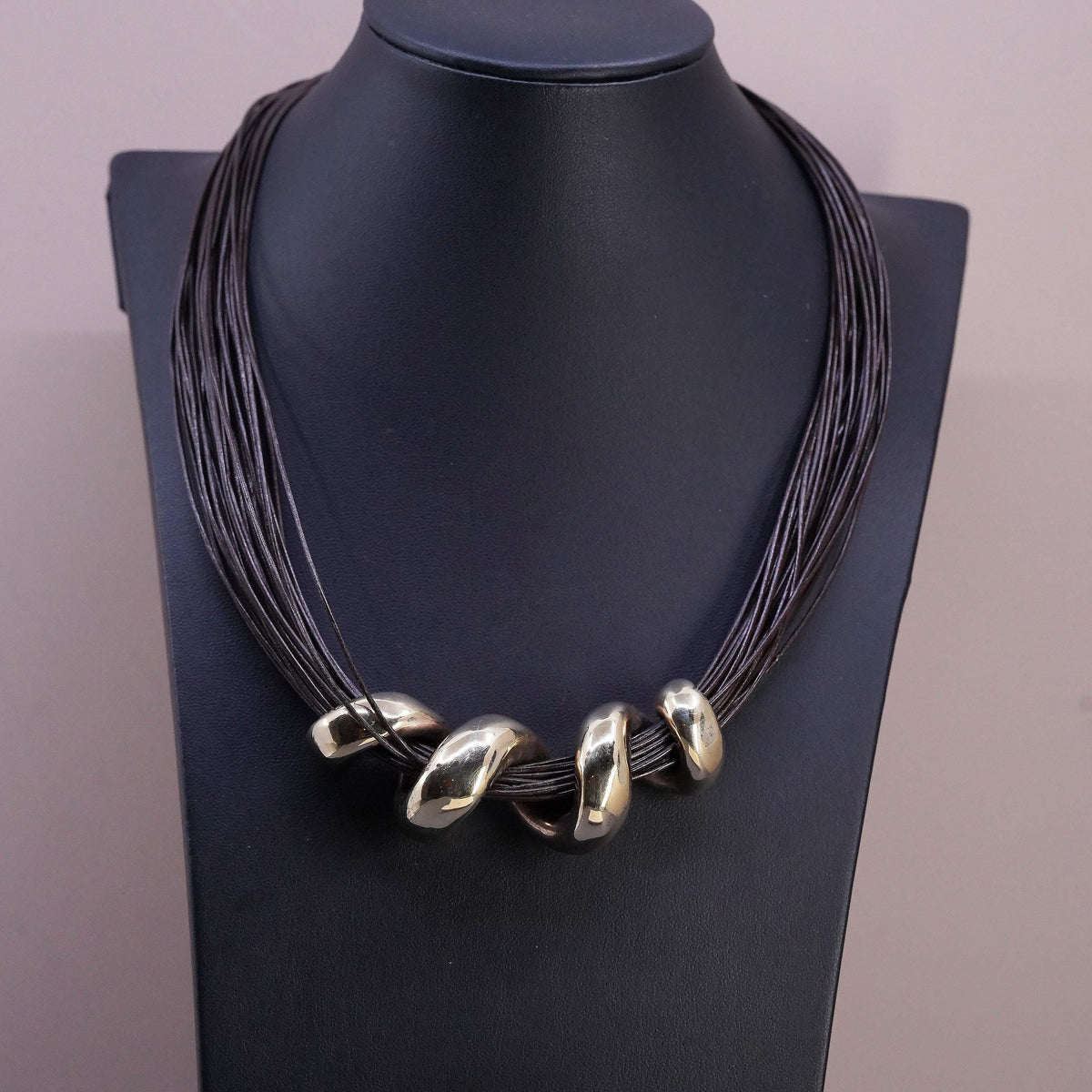 20+2", Vermeil Gold Sterling 925 Silver Multi Strand Leather Necklace Swirl