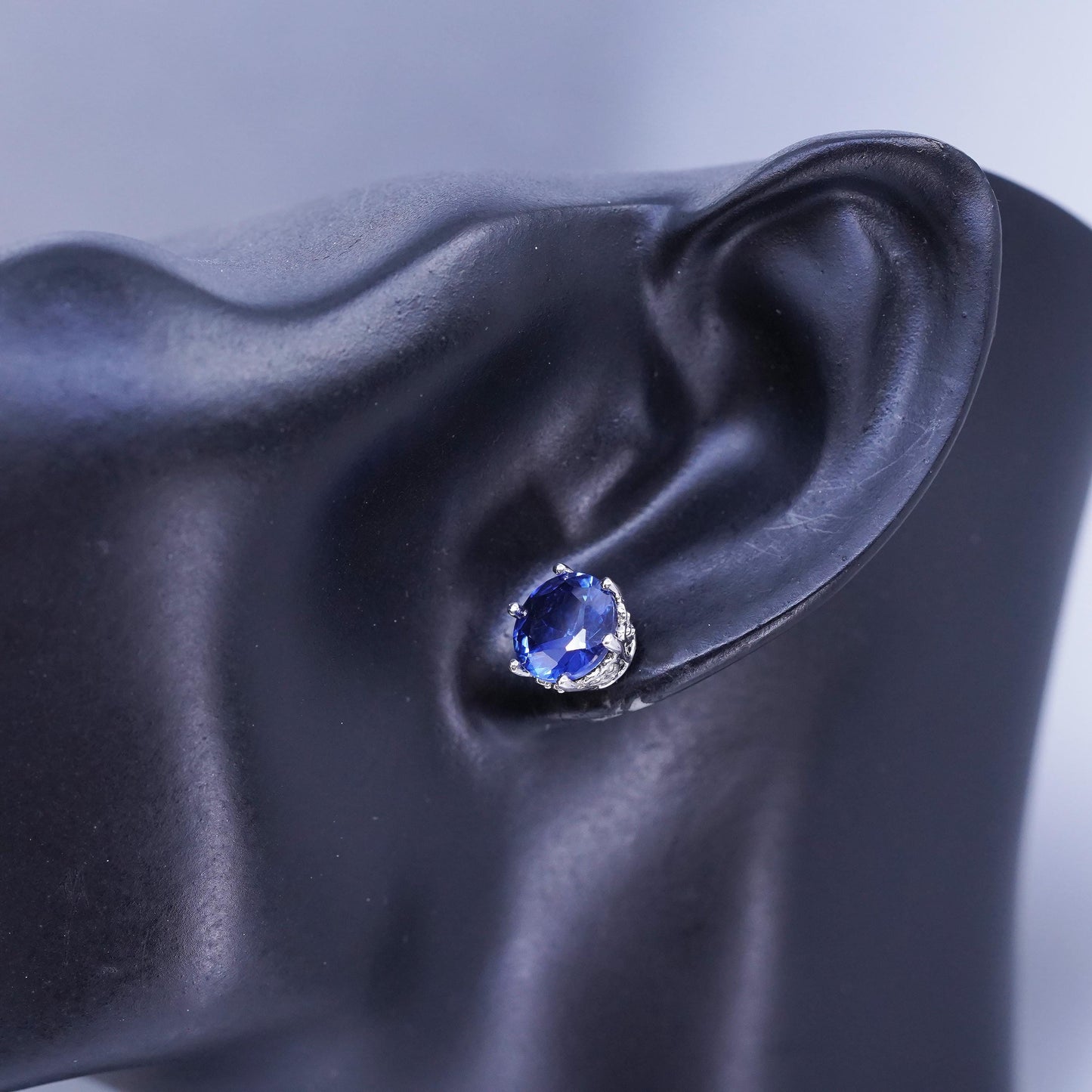 Vintage Sterling 925 silver handmade earrings, studs with sapphire cz