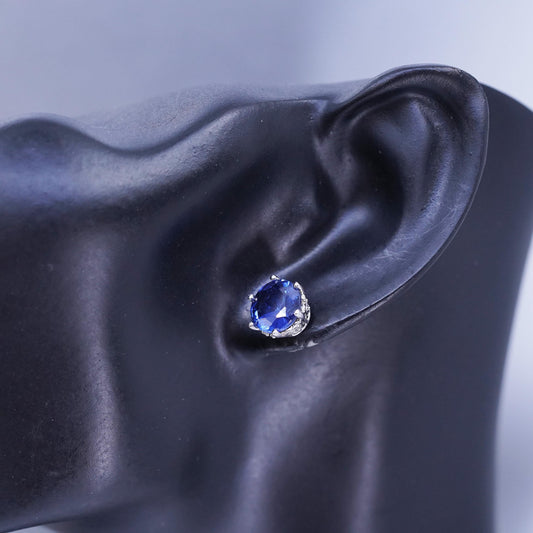 Vintage Sterling 925 silver handmade earrings, studs with sapphire cz