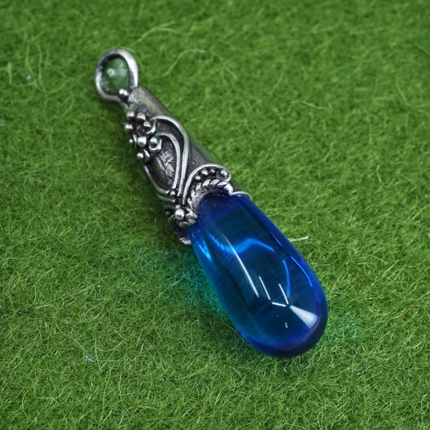 Vintage handmade Sterling 925 silver pendant with teardrop blue glass