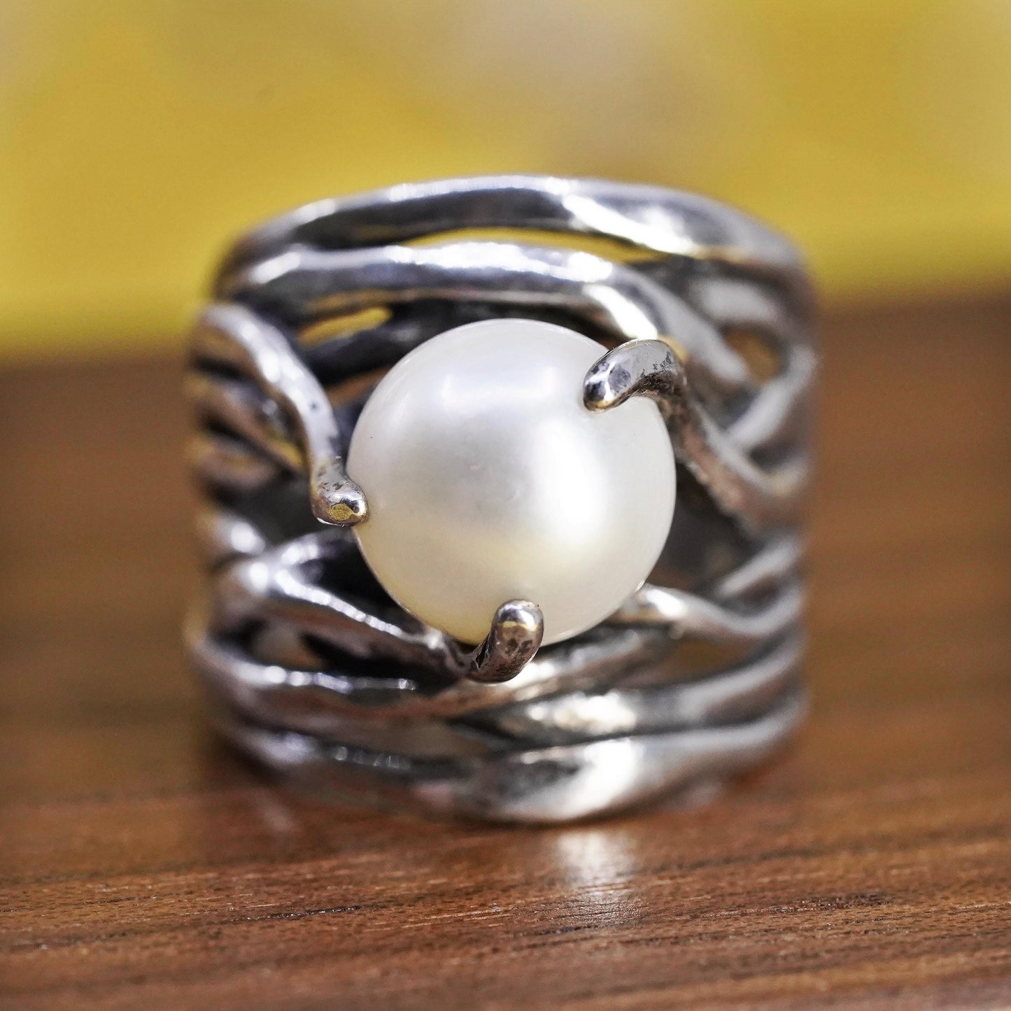 Size 6.75, VTG Israel Noa Zuman sterling silver 925 handmade vine ring pearl