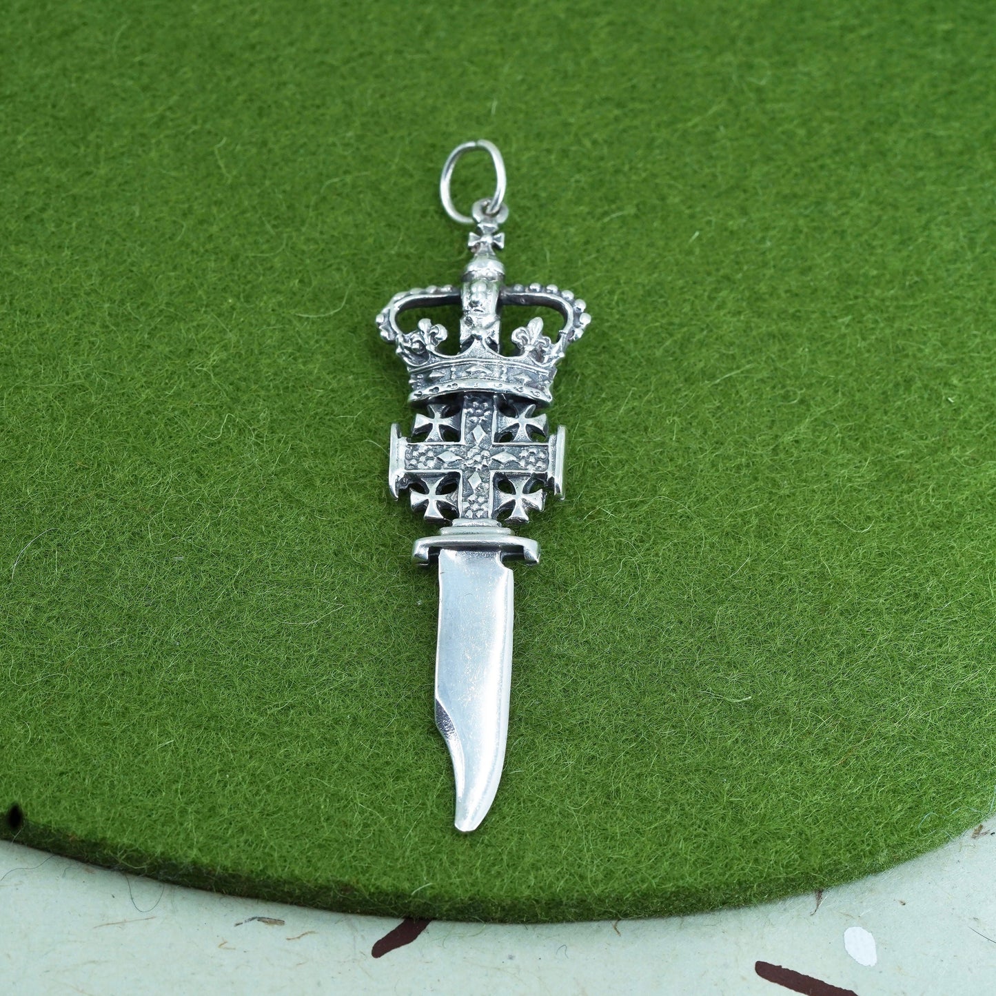 Vintage Sterling silver handmade pendant, 925 Christian crown dagger
