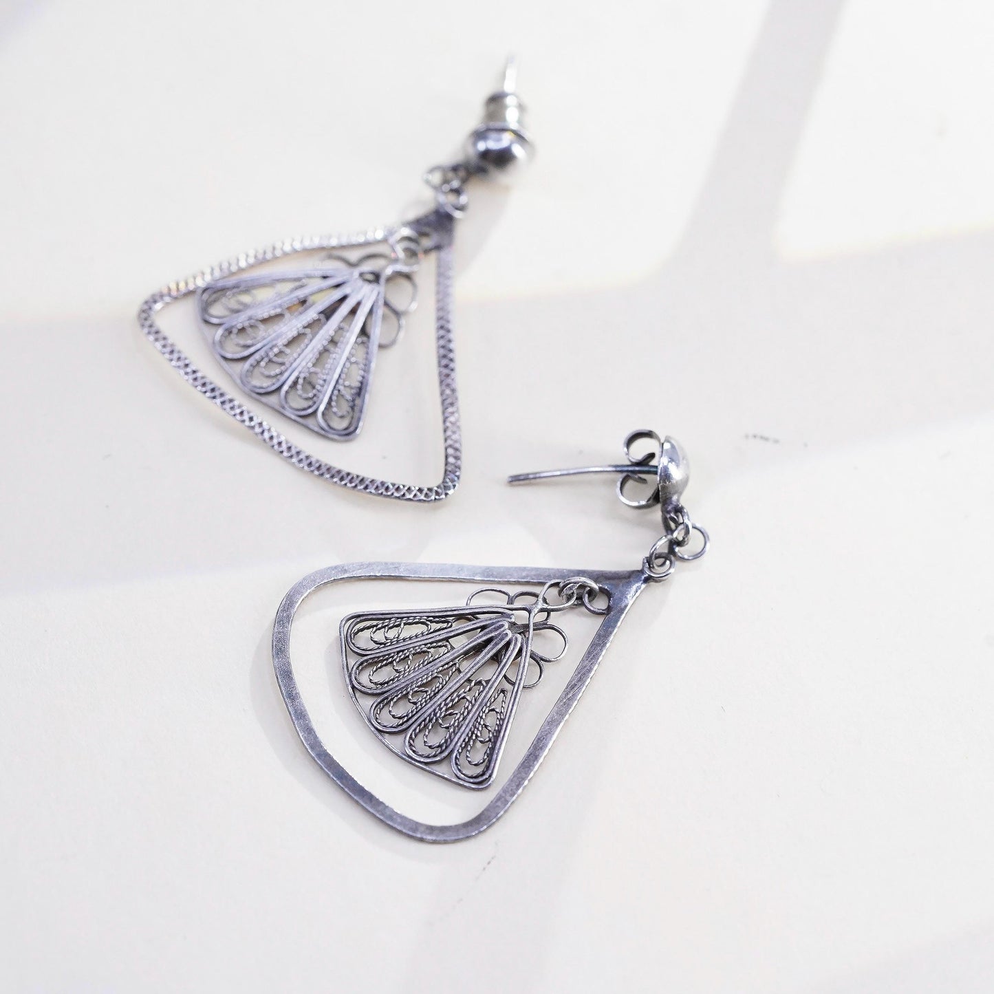 Vintage sterling silver handmade earrings, solid 925 flower filigree details
