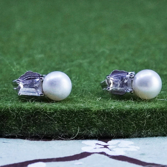 Vintage sterling silver earrings, 925 studs with white pearl