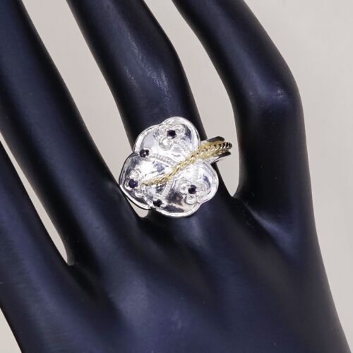 Size 7.25, Vtg Two Tone Sterling 925 Silver Handmade Ring W/ Leaves N Sapphire