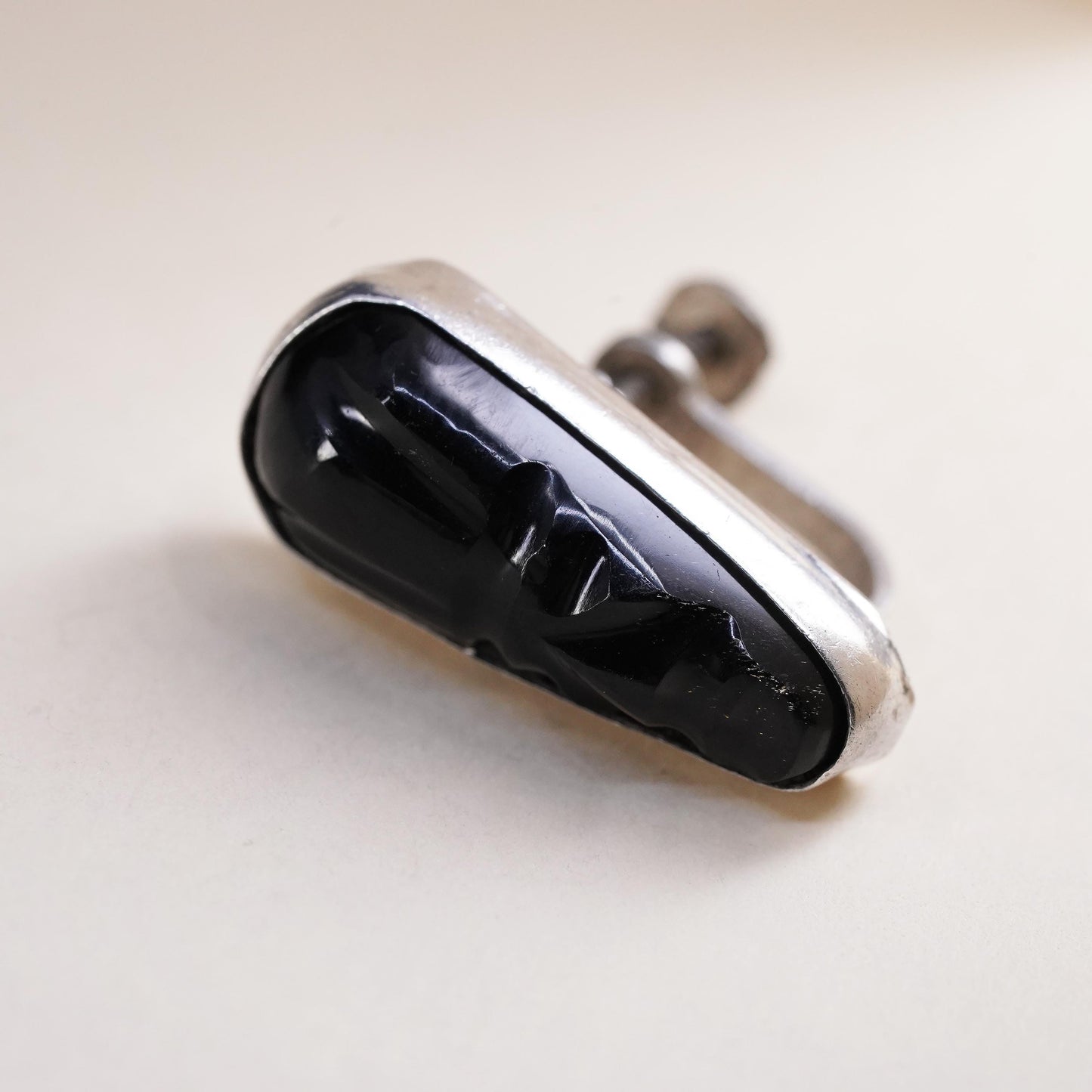 Mexican sterling silver single earring, 925 screw back with Carved Warrior Onyx