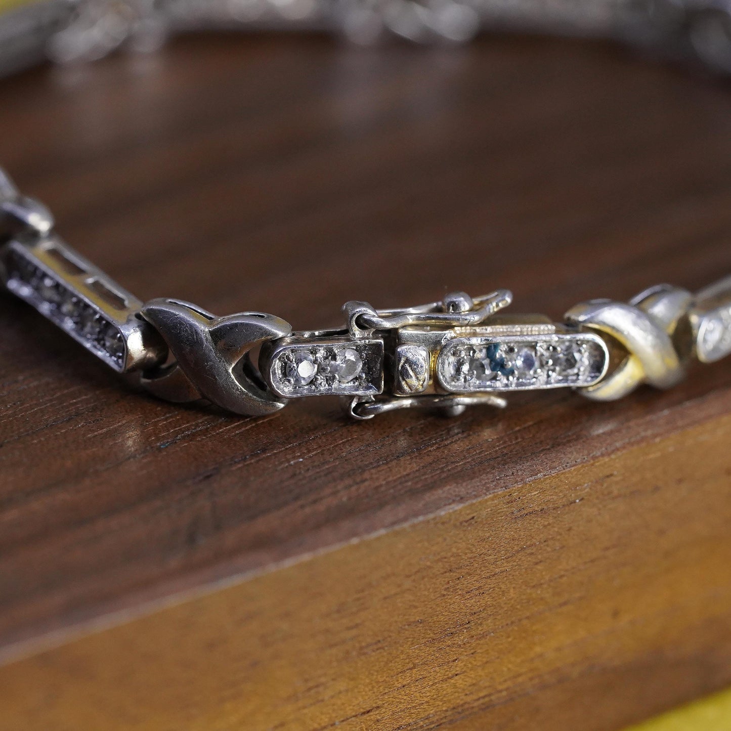 7.5”, vintage Sterling silver tennis bracelet, 925 bar link chain with cz