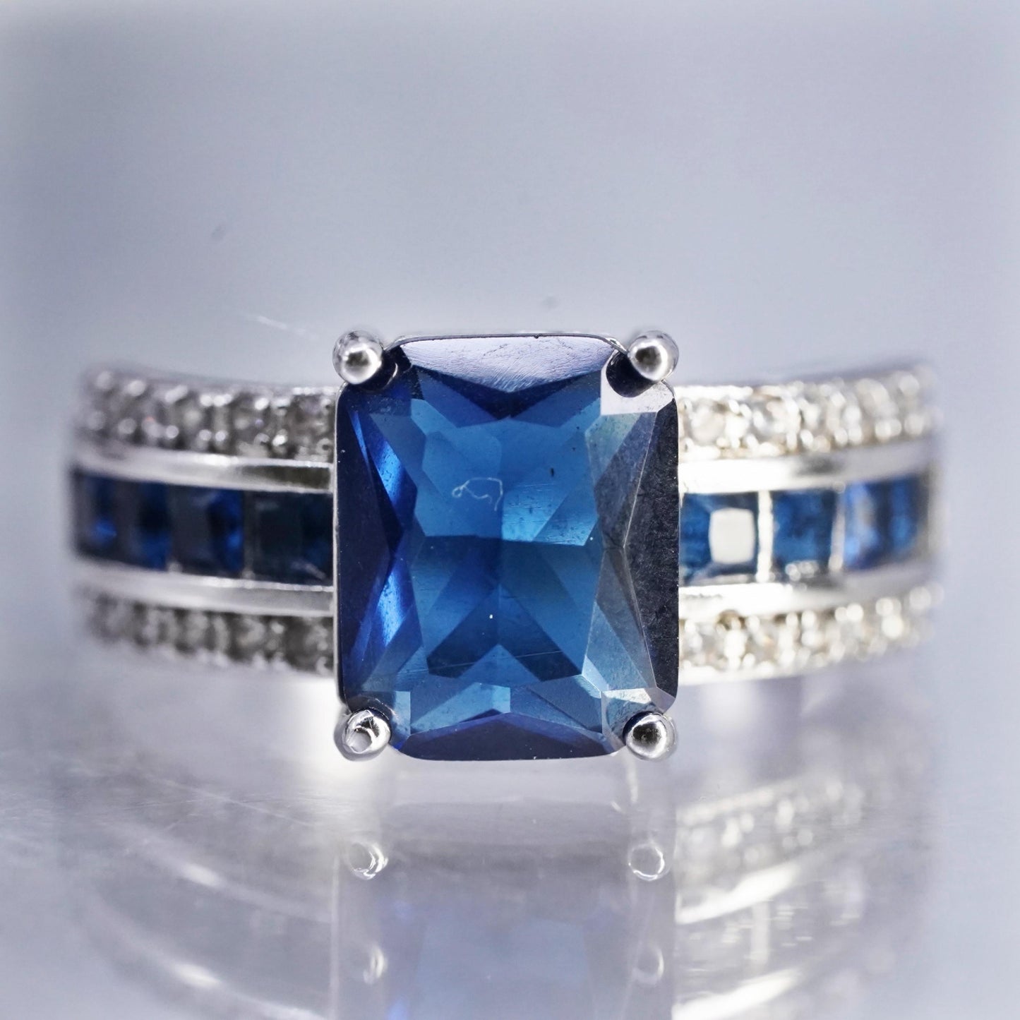 size 6, Sterling Silver Ring, 925 Ring emerald cut blue Sapphire glass cz