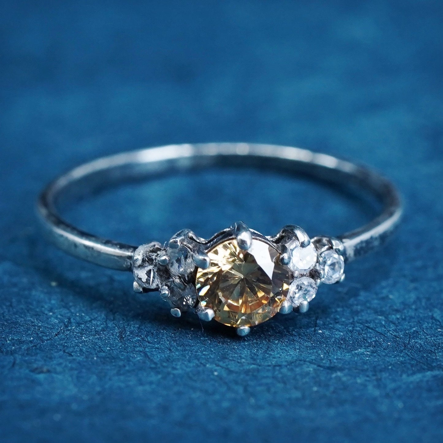 Size 8.25, vintage Sterling 925 silver stackable ring with citrine cluster cz