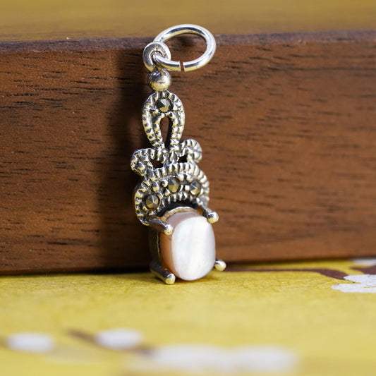 Vintage Sterling 925 silver handmade pendant w/ pink mother of pearl marcasite