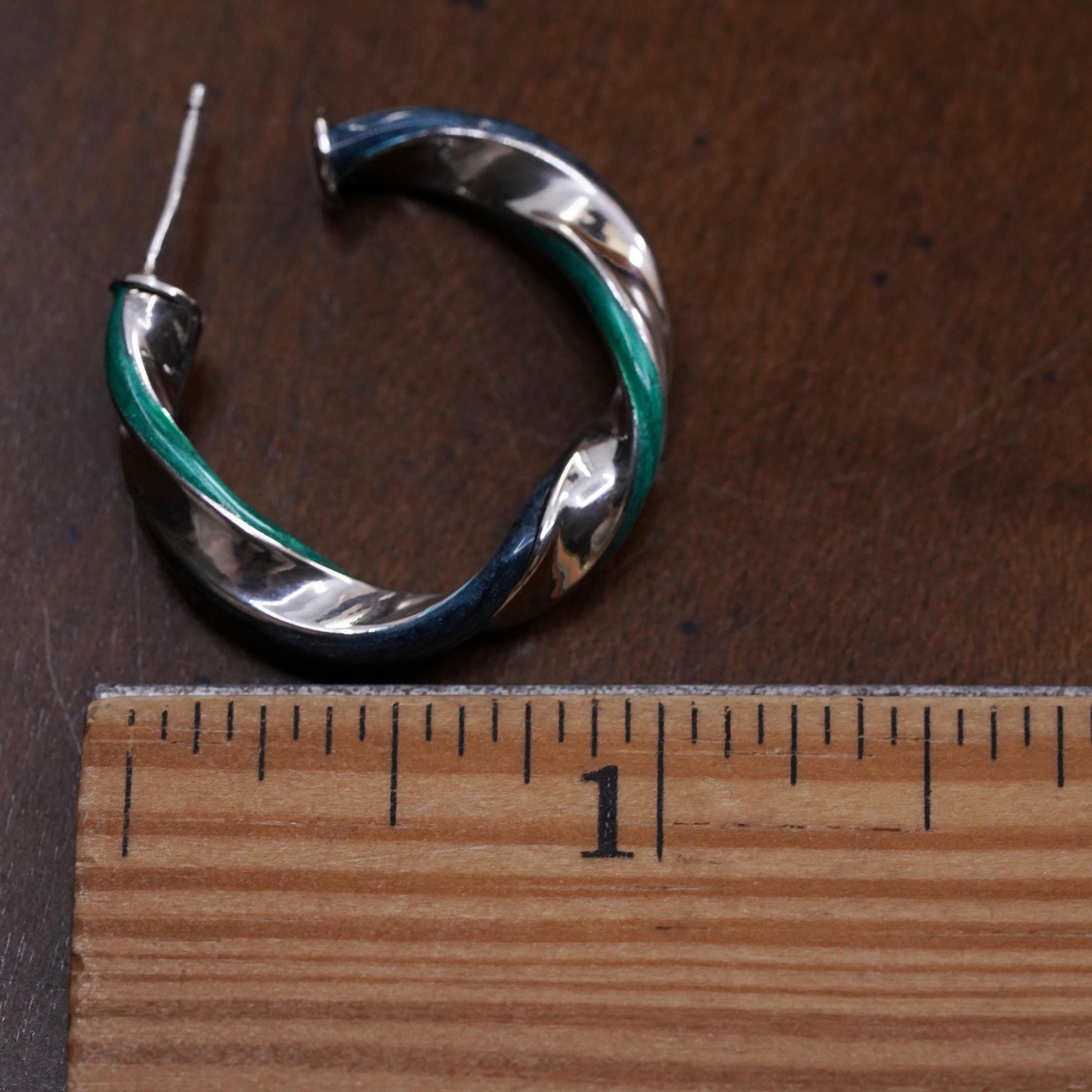 1.25", Vintage sterling silver loop single earring, twisted hoop green enamel