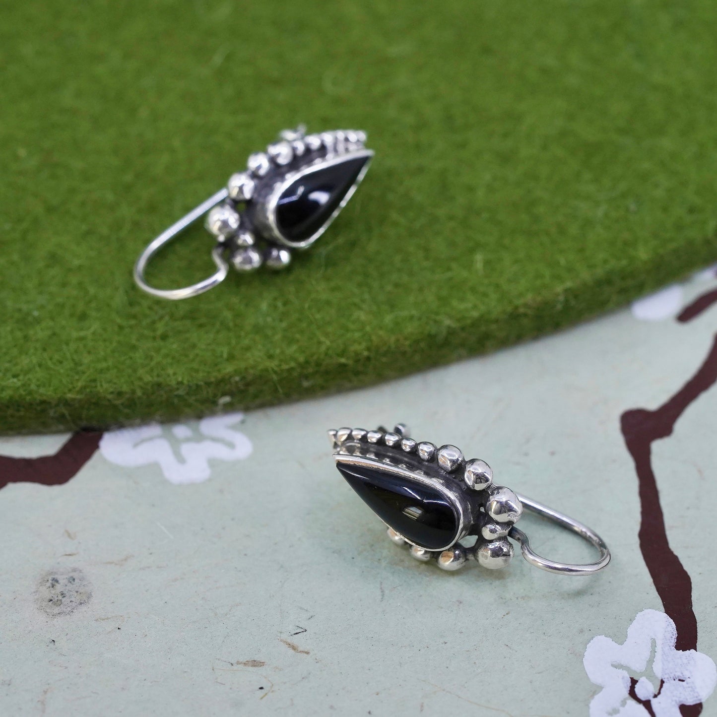 Vintage sterling 925 silver handmade earrings with teardrop onyx and beads